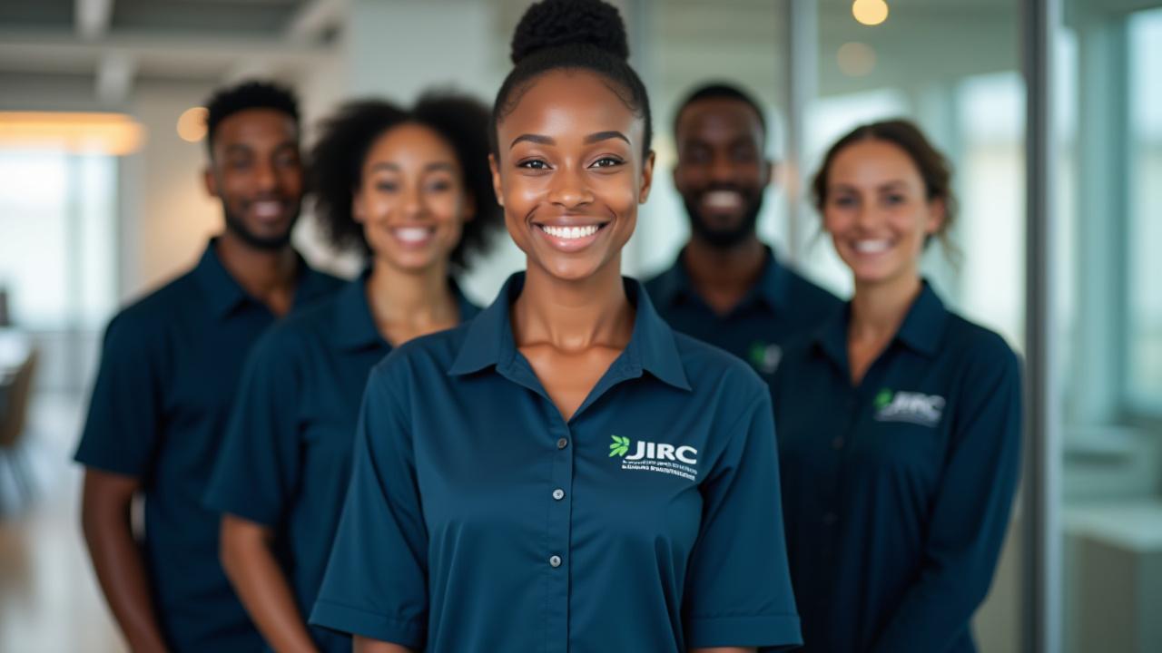 Professional cleaning team of JLR Cleaning & Maintenance Ltd smiling in a well-lit modern office.