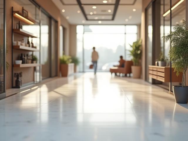 Modern, clean retail shop interior with bright lighting and polished floors, ready for customers.