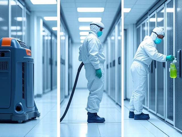 Collage of specialized data center cleaning equipment: HEPA vacuum, anti-static wipes, and technician in cleanroom attire.