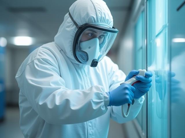 JLR Cleaning technician in full personal protective equipment (PPE) assessing a hazardous scene