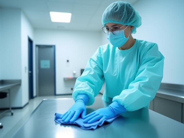 Healthcare cleaner in full PPE using color-coded cloths