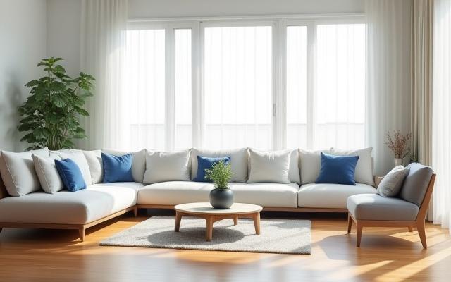 Bright, clean modern living room, impeccably tidied and sparkling, ready for family relaxation